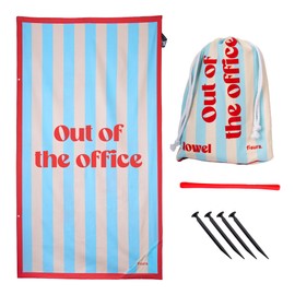 Fisura – Telo mare grande blu a righe con scritta “Out of the office”. Telo in microfibra leggero per piscina, spiaggia o campeggio. Anti sabbia e ad asciugatura rapida. 180 x 100 cm