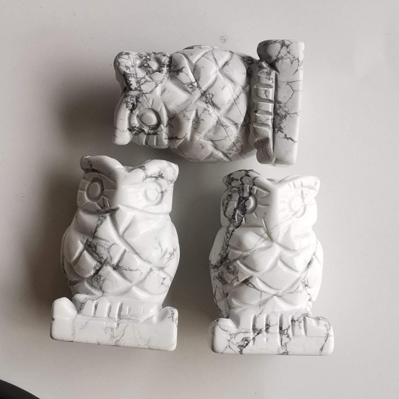 Loveliome 2.0" Natural White Howlite Turquoise Owl Bird Sculpture Statue