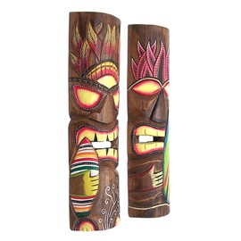 Wowser Hand Crafted Hawaiian Style Surfer Tiki Masks, Wall Décor, Set of 2 Assorted Colors
