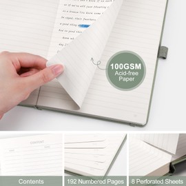 AUTEMPO A5 Notebook Journal Lined, Hardcover Note Book Leather Journals for Women, 192 Numbered Pages for Writing, 100gsm Lined Paper, for Men Work Office School,14.5 x 21cm, Sage Green