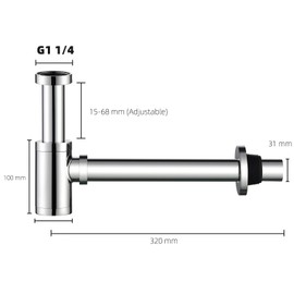 Heixutas Brass P Trap Bathroom Sink: 1-1/4 Bottle P-Trap with Slip Joint Extension Tube - Sink Stainless Steel Plumbing/Pipe Replacement Kit (Chronme)