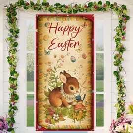 Vintage Easter Door Cover Retro Style Bunny Rabbit Easter Eggs Flower Photo Backdrop Happy Easter Spring Summer Party Decorations and Supplies for Home-71×35''