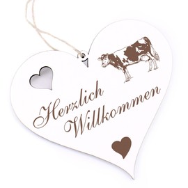 Herzlich Willkommen Sign – Cow – Decorative Heart Wooden Welcome Sign Door Sign Door Decoration