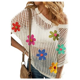 BEAUDRM Women's Floral Summer Crochet Tops Hollow Out Scoop Neck Applique Sweater Boho Knit Pullover Tops Beach Cover Ups White Medium