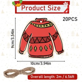 Grevosea 20 Pcs Wooden Christmas Ornaments, Unfinished Wood Sweater Pieces with Twines Paintable Blank Wooden Ornaments for Crafts Christmas Tree Wedding Birthday Party Decorations