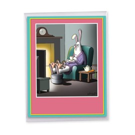 NobleWorks - Big Funny Easter Greeting Card 8.5 x 11 Inch with Envelope (1 Pack) Large Jumbo Bunny Slippers J3175EAG