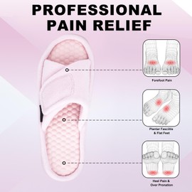 Yoerpe Women's Orthopedic Arch Support Slippers – Adjustable Memory Foam with Foot Massage Beads, Non-Slip Indoor/Outdoor Slippers for Plantar Fasciitis Relief,Pink,11-12