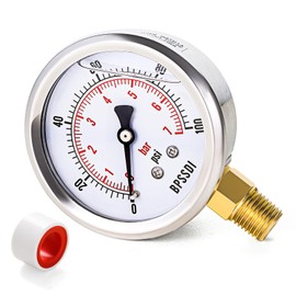0-100 Psi Glycerin Filled Pressure Gauge, 2-1/2" Dial, 304 Stainless Steel Case 1/4" NPT Lower Mount, Water Pressure Gauge Test for Home Potable Water, House Tube
