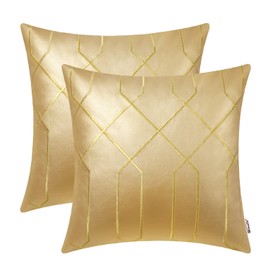 BRAWARM Leather Pillow Covers 16 X 16 Inches, Gold Faux Leather Pillow Covers Pack of 2, Geometric Embroidery Leather Decorative Throw Pillows for Living Room Couch Bed Sofa Home