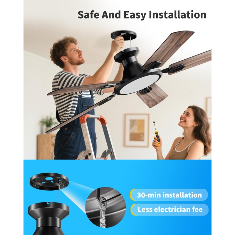 TCL 52" Low Profile Ceiling Fan with Light, Slim, Black,