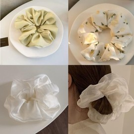 Haargummis für Damen – 4-teiliges Set aus Satin mit Blumenmuster & Uni-Farben, elastische Seiden-Haarbänder für lange, feine & dicke Haare