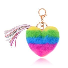 Rainbow Faux Fur Keychain for Purse Charms for Handbags Colorful Heart Shaped Plush Keychain for Bag Charms for Tote Bags Cute Rainbow Fluffy Key Chain for Car Keys Backpack Accessories for Women
