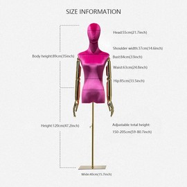DE-LIANG Female Rose Red Velvet Dress Form Mannequin, Woman Dark Shinning Velvet Half Body Torso with Golden Arms, 1 Color (Rose Red)