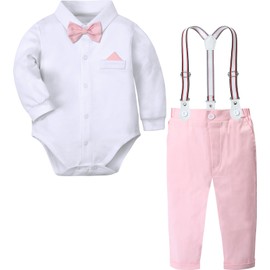 Baby Boys Suit Gentleman Outfit 3PCS Loog Sleeve Bodysuit White Pink 3-6 Months
