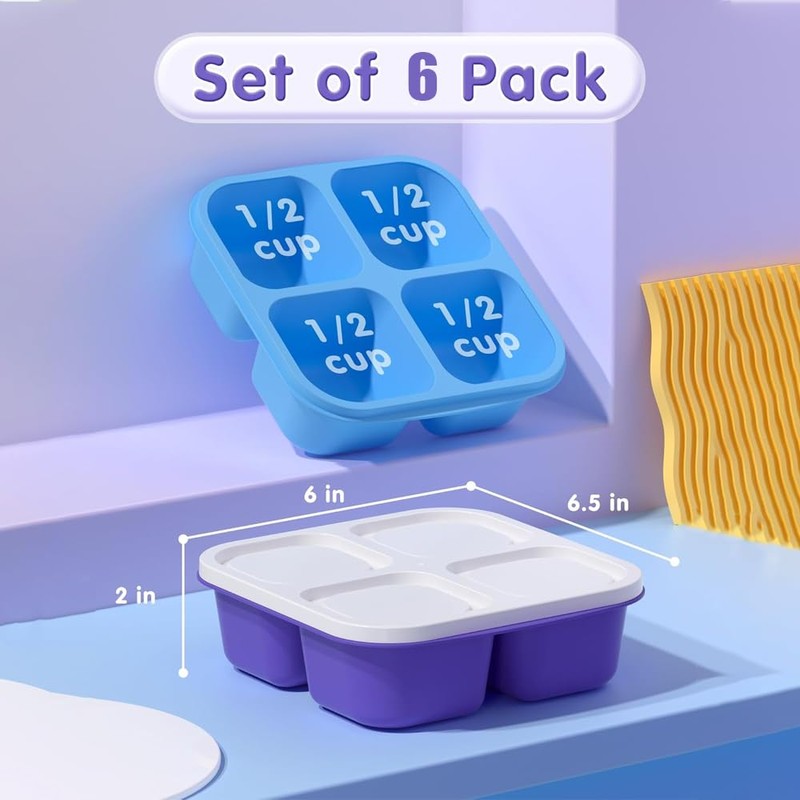 6 Pack Bento Snack Containers Set，Reusable 4 Compartment Divided Food
