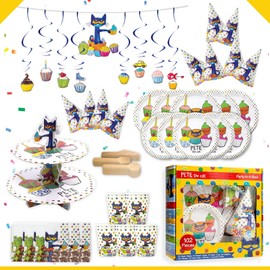 Pete The Cat Party in A Box Kit - Serves 10 People - Plates, Cups, Napkins, Utensils, Hats, Banners and More - Celebration, Birthday Party, Toddler– 102 Pieces - Party Supplies
