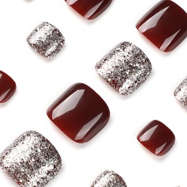 SHANRUN Press on Toes Nails Short Brown Toenails Press on Silver Glitter Glue on Toenails False Toenails Square Fake Toe Nails Press on Toenails Tips Artificial Acrylic Toenails Kit for Women 24Pcs