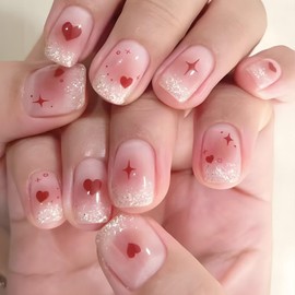 Valentines Press on Nails Short Square Fake Nails wiht Red Heart Star Designs Pink Ombre False Nails Press ons Valentine's Day Glue on Nails Glitter French Stick on Nails for Women 24 Pcs