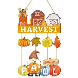 IARTTOP Pumpkin Wood Signs Gnome Welcome Front Door Sign Maple Leaf Hanging Plaque Farmhouse Fall Harvest Wall Hanging Autumn Thanksgiving Wall Sign for Outdoor Porch Garden Decoration