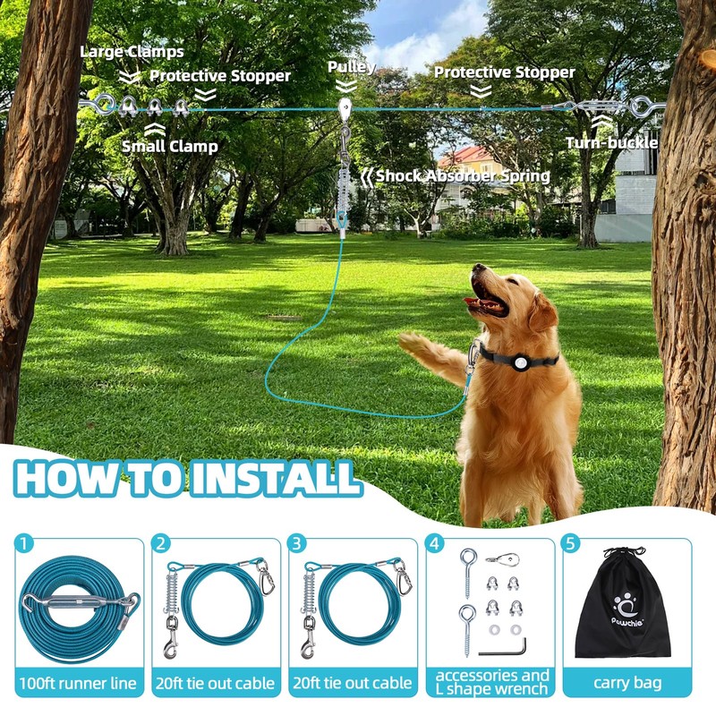 PAWCHIE Heavy Duty Dog Tie Out Trolley System, Dog Run