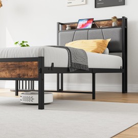 Modern Industrial Twin Size Platform Bed Frame with Storage Headboard, Gray Upholstered Panel, Metal Frame, Rustic Wood Accents, Built-in Charging Station