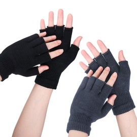 Sibba 2 Pairs Fall Winter Half Finger Gloves, Knit Touchscreen Warm Stretchy Mittens Fingerless Gloves for Men Women(Black