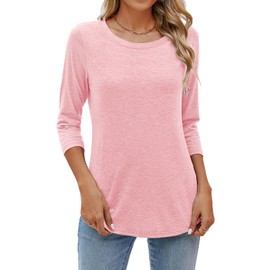 Sherosa 3/4 Sleeve Shirts for Women Petite Crewneck Simple Tees Loose Tunic Tshirts Pink M