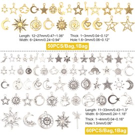 SUPERFINDINGS 2 Bags 2 Colours Sun Moon Star Jewellery Making Charm Pendant in Tibetan Style Smooth Tibetan Silver Metal Charms Pendant for DIY Crafts