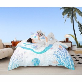 Castle Fairy Mermaid Duvet Cover Set Twin Size Rainbow Watercolor Glitter Bedding Set for Kids Girls Women Teens Room Decor, Mermaid Fish Scale Comforter Cover Ocean Coral Shell Quilt Cover 2pcs