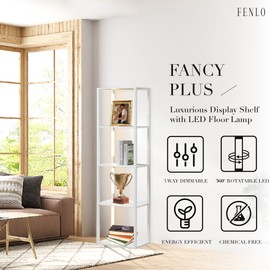 FENLO Fancy - LED Display Shelf with Dimmable Lights, LED Shelf Floor Lamps for Living Room, Sturdy Corner Shelf Curio Cabinet Display, Tall Floor Lamps with Shelves
