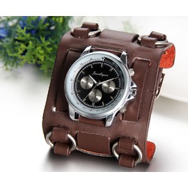 JewelryWe Men's Analogue Quartz Watch, Elegant Casual Sports Watch with Brown Wide Leather Strap, Black Dial, Formal