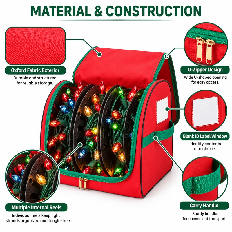 Christmas Lights Storage Bag with U-Shaped Zipper, Oxford Fabric Holiday