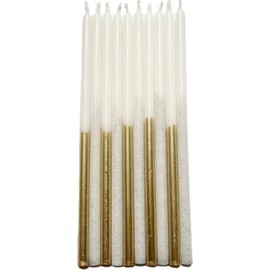 GLOWYBOX Opferkerzen Kirchkerzen dünn dünne lange Kerzen Tortenkerzen gastgeschenk Hochzeit Kirchkerzen Hochzeit Kerzen mit Glitter Hologlitter Kerzen 10er Set Kerzen weiß gold