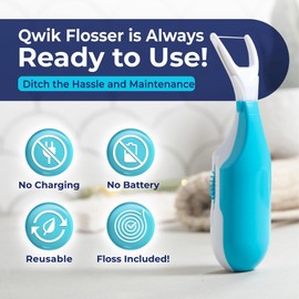 QWIK Automatic Dental Flosser | Click-to-Use, Reusable & Refillable | Pre-Loaded Floss with Travel Cover | Easy Flossing for Plaque Removal, Clean Teeth & Fresh Breath (Dark Blue)