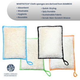 Whiffkitch Bamboo Fiber Sponges 4-Pack - Scrub-Non-Scratch, Reusable, Washable, Extra Absorbent, Durable, Multi-Tasking Household Cleaning, Naturally Hygienic Kitchen Sponges for Dishes