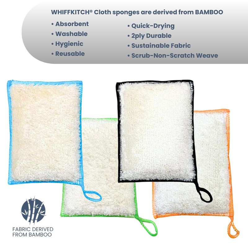 Whiffkitch Bamboo Fiber Sponges 4-Pack - Scrub-Non-Scratch, Reusable, Washable, Extra