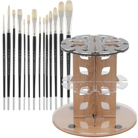 Mezzo Rotating Paint Brush Storage Rack w/Creative Mark Pro-Stroke Value Oil Paint Brush Set- White Chungking Natural Hog Hair Paint Brushes Set of 15 w/Brush Drying Carousel- Holds Up to 28 Brushes