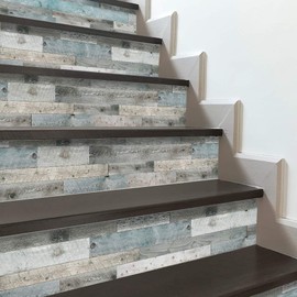 funlife 13Pcs Farmhouse Style PVC Stair Sticker, Peel and Stick Staircase Decals, Self-Adhesive Waterproof Stair Riser Stickers for Home loft Apartment Decor, 39.37"x7.09" Blue Wood Pattern