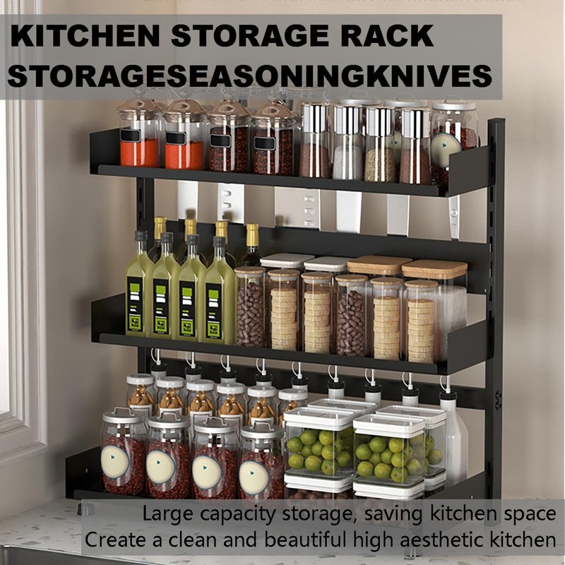 3-Tier Spice Rack Organizer with Knife Holder, Black Metal Counter
