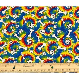 Unbranded Dog Bones and Paw Print on Tie Dye Cotton Fabric, By the Half Yard