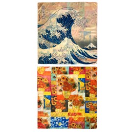 GFM® Silk Mix Square Reversible Painting Based Summer Scarf - Hokusai Great Wave - (SCF-SQVSLK-7370-A)