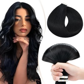 Elailite Tape in Hair Extensions Human Hair Real Human Hair 10 Pcs Invisible Thin Type - Seamless Skin Weft Remy Hair Extension (#1 Jet Black, 22 Inch-15g)