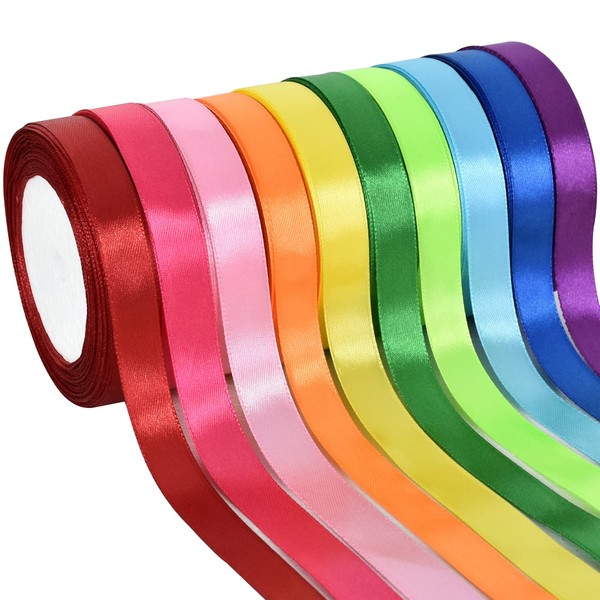 TONIFUL 10 Colors Rainbow Satin Ribbon Fabric Satin Ribbon Rainbow Ribbon Set 3/5 inch x 250 Yards Thin Satin Ribbon for Crafts Bows Gift Wrapping Wedding Decoration and DIY Handmade