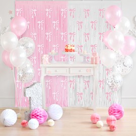 4 Pack Pink Bow Party Backdrop Decoration, Pink Bow Foil Fringe Streamers for Girls Bow Birthday Baby Shower Decorations, Tying The Knot Bridal Shower Bachelorette Party Decor Bow Themed
