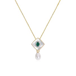 IDOKAWA 18 Inches 9-10MM White Teardrop Freshwater Pearl Pendant and Vintage Emerald Cubic Zirconia Sterling Silver Necklace for Women