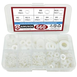 AIMUNOK 660 Pieces 8 Sizes White Nylon Washers Assortment Kit, Nylon Metric Washers, Nylon Flat Washers, Plastic Washers (M2 M2.5 M3 M4 M5 M6 M8 M10)