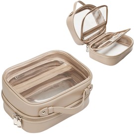 Oaque Clear Cosmetic Bag 2 Layer Travel Toiletry Bag Clear Makeup Bag Case with 4 Compartments, Transparent Travel Bag for Toiletries, Large Toiletry Bag for Women Cosmetic Case (Stone)