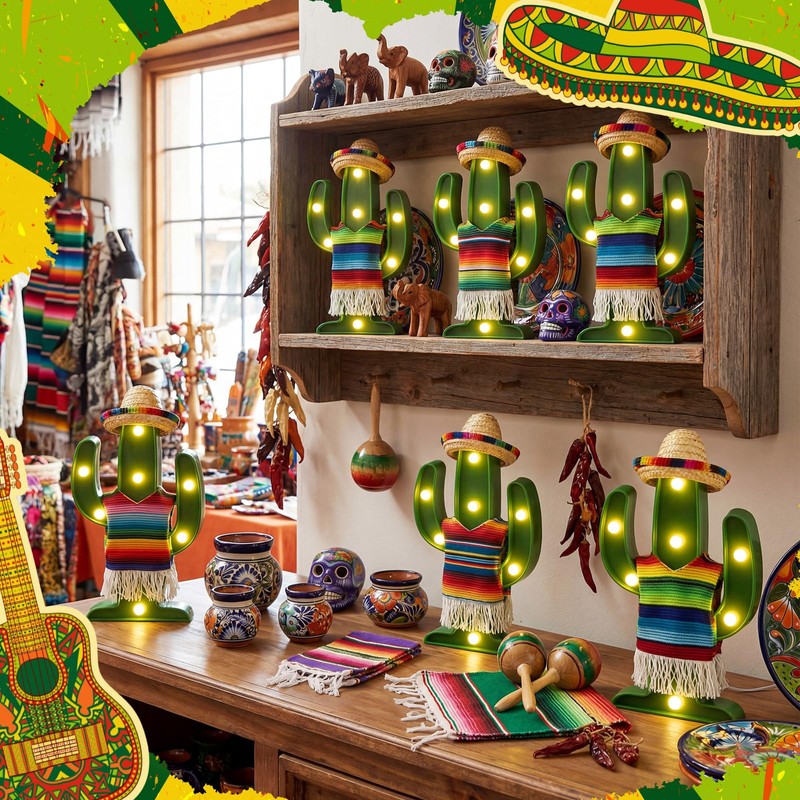 Honoson 6 Pcs LED Cactus Light Cinco De Mayo Decorations