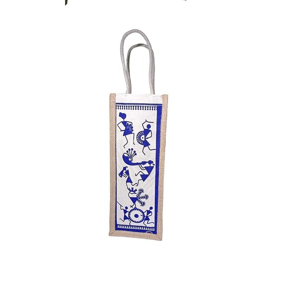 Wine Water Bottle Bag Cover Jute Canvas Tribal Print Eco-