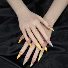 ArtiPrint Press-On Nails French Water Drop Shape with Handcrafted Floral Design, Women's Manicure Set for Daily Wear, Parties, and Outings (Yellow, XS)